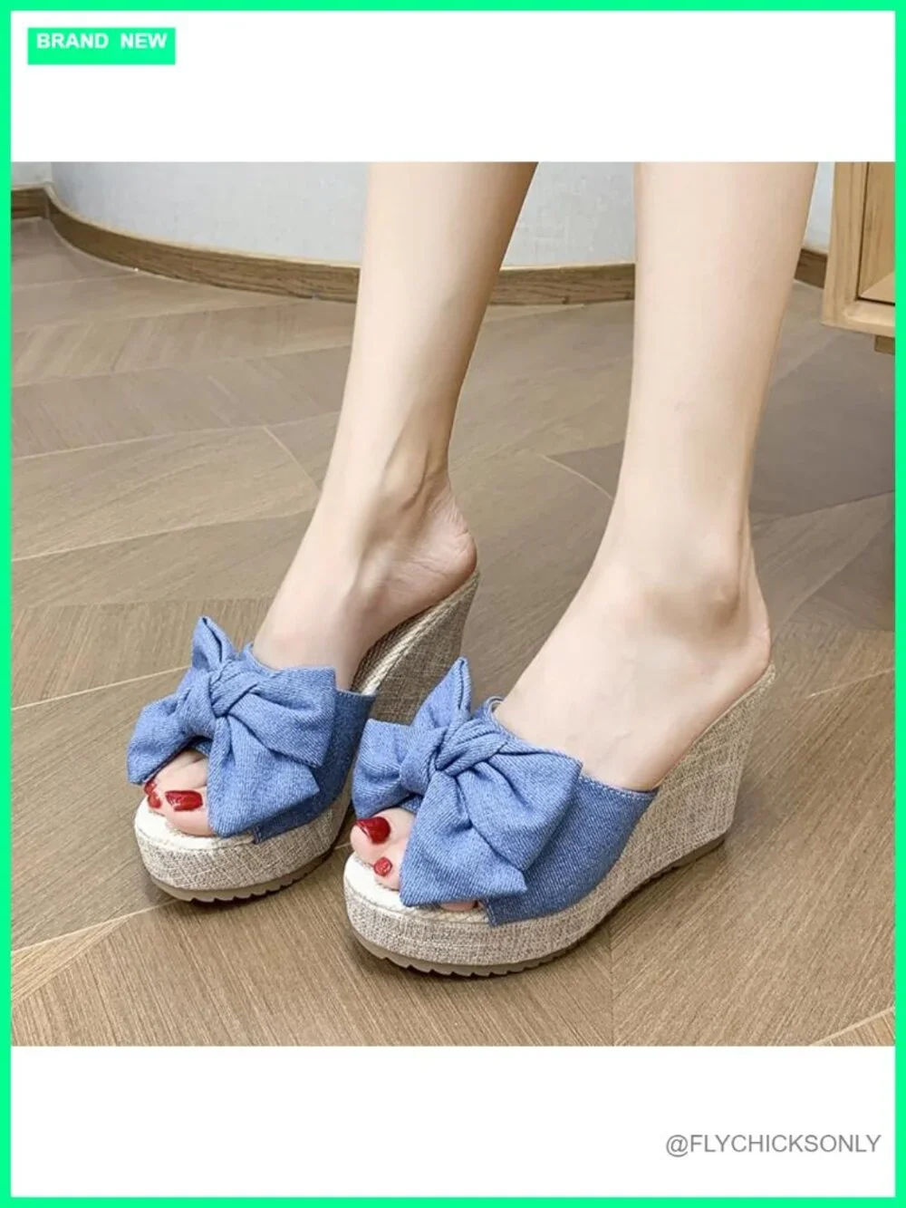 Denim Faux Leather Bow Wedge Sandals Platform Mules Open Toe Slip On Casual